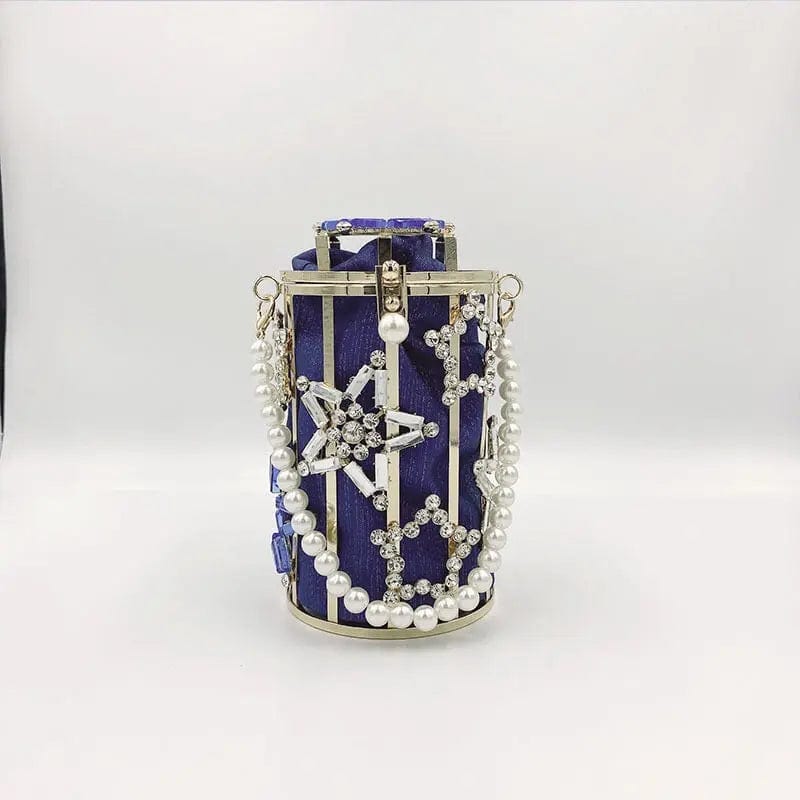 S / Blue Crystal Rhinestones Star Evening Clutch Bag Luxury Round Pearl Hollow Out Purse Mini Bucket Cage Handbags Diamond Dinner Purse