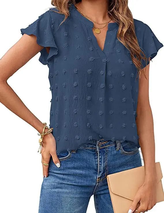 S / Blue European and American Women's clothing 2023 Summer new V-neck Pleated lotus Leaf sleeve Fur ball top Chiffon shirt