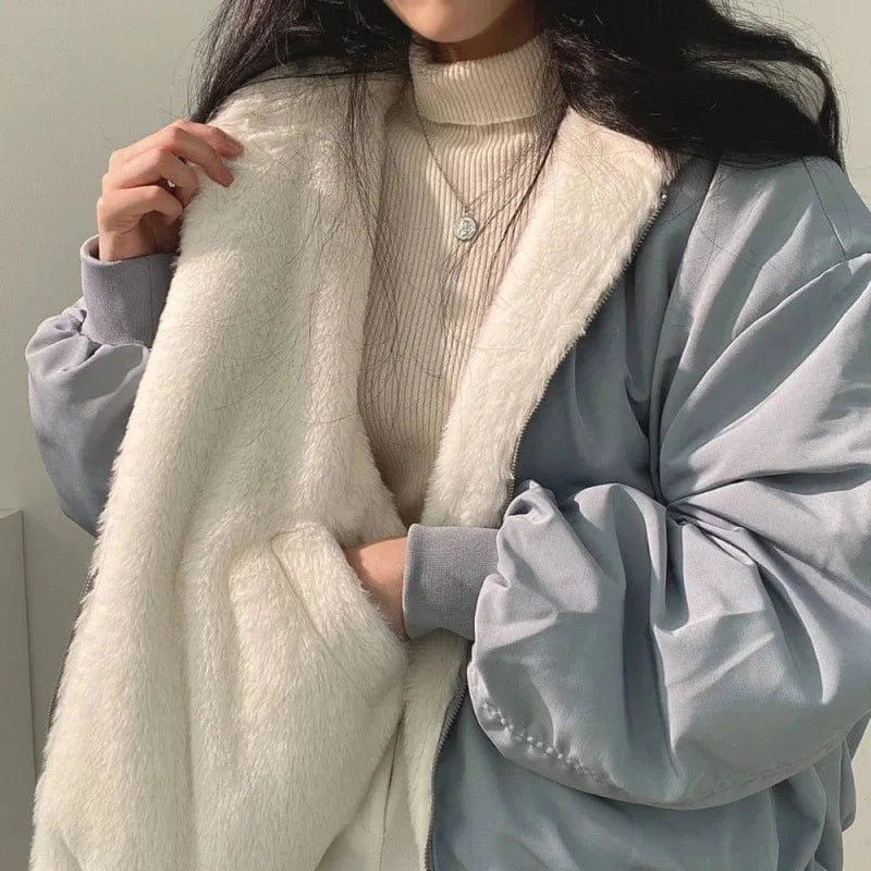 S / Blue High Quality New Fashion Warm Hooded Jacket Thickened Double-sided Women's Clothing Winter 2024