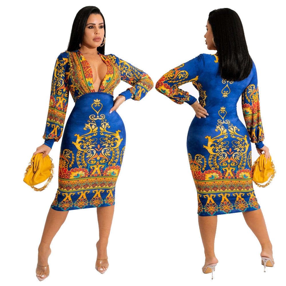 S / Blue IHOOV deep v neck sexy casual African print Kitenge designs traditional dress for women