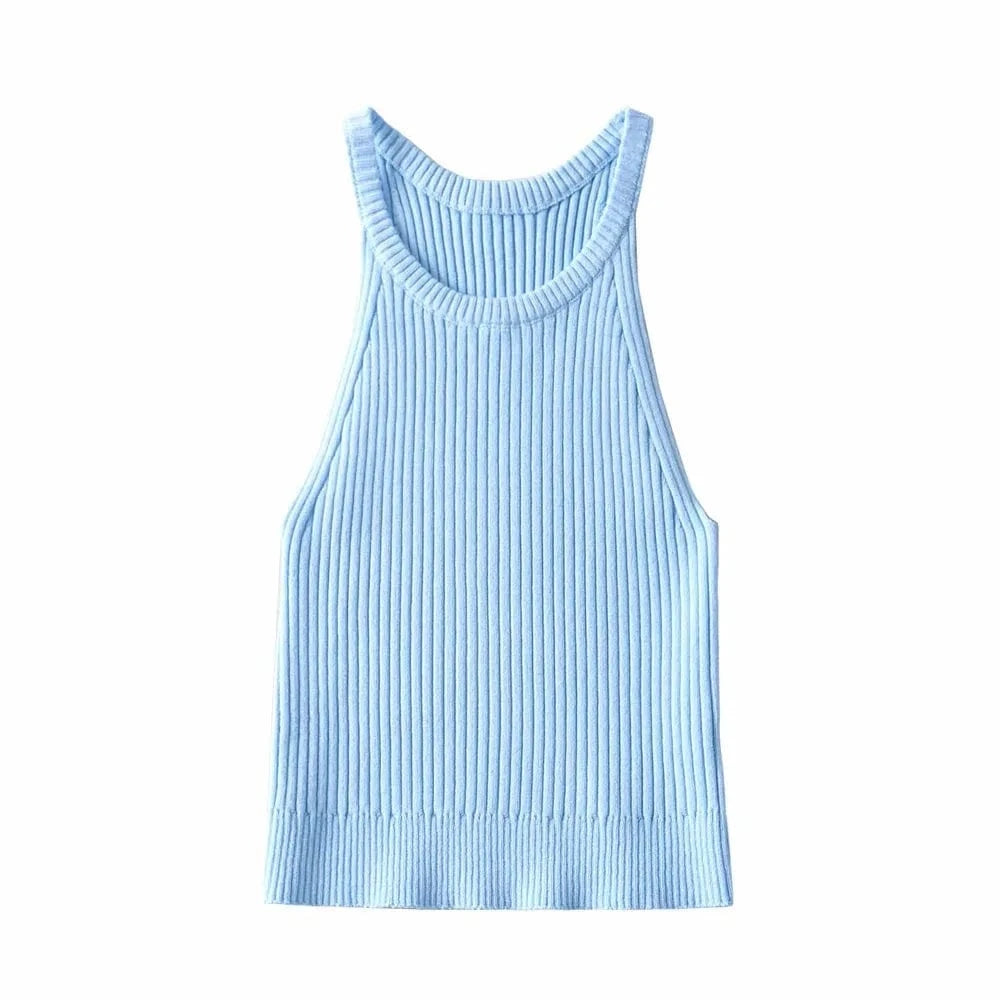 S / Blue INS Fashion Cold Shoulder Candy Colors Knitted Basic Halter Tank Top