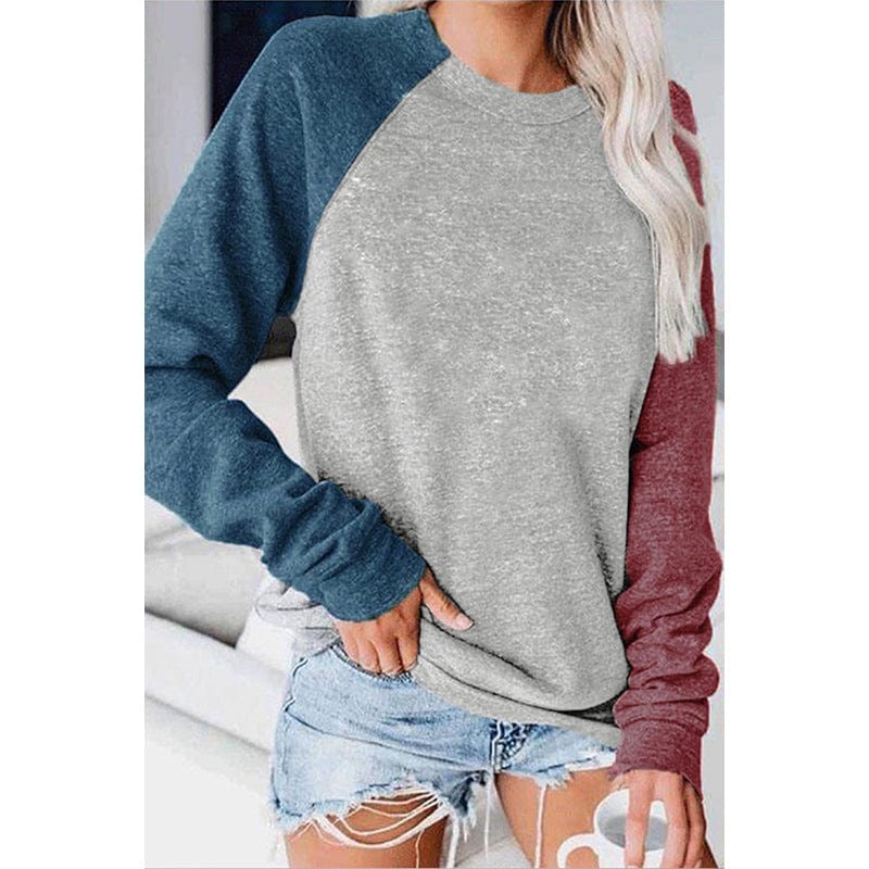 S / Blue New 2022 Female T-shirt Round collar Contrast Color Long Sleeve T Shirt Women spring T-Shirts For Women Patchwork T Shirt