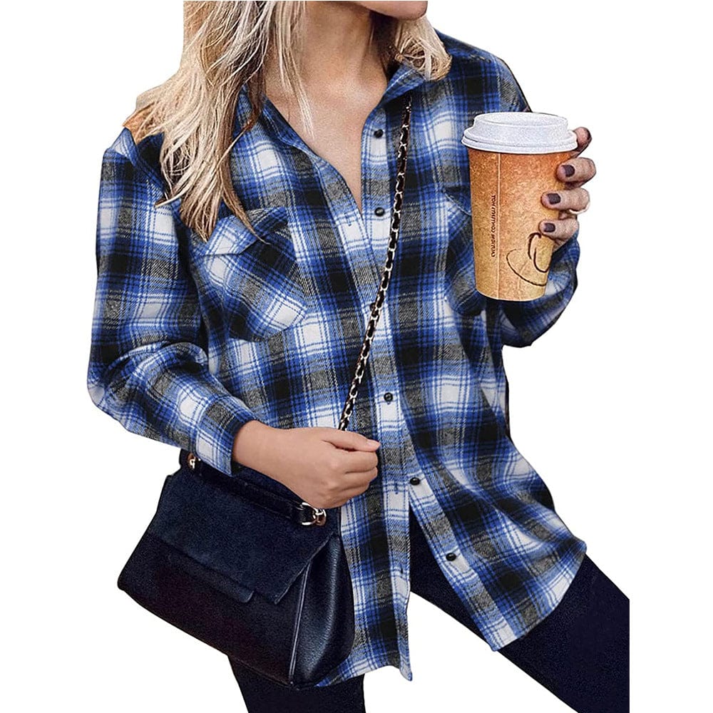 S / Blue New Trend 2022 Yarn Dyed Plaid Loose Casual Jacket Patchwork Design Oversize Jacket Polyester Turn Down Collar Coat For Women