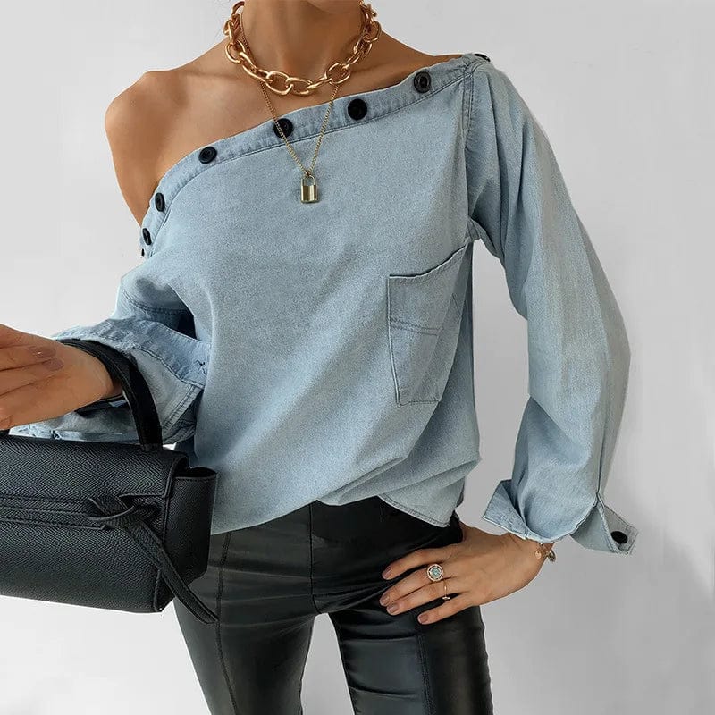 S / Blue Off Shoulder Button Womens Blouse Elegant Women Slash Neck Long Sleeve Denim Shirt Tops Cheap Clothing Wholesale Bulk Ladies Top
