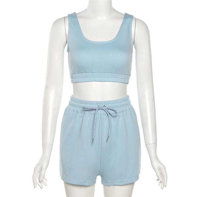S / Blue OSINA Lowest Price Solid Color Custom Logo Crop Top Two Piece Set Women Clothing Shorts Womens Sweat Absorbing Sports Suit