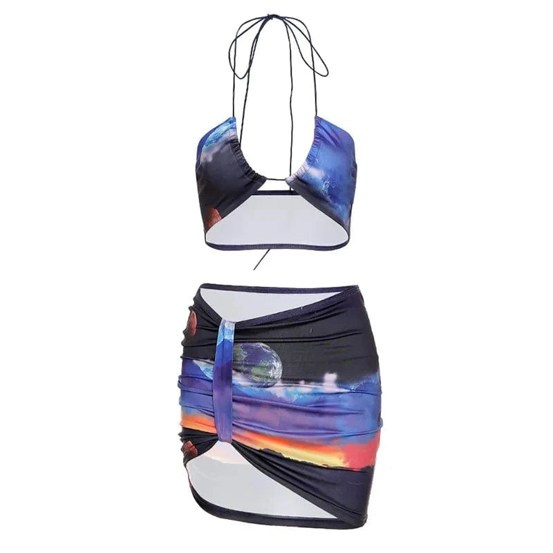 S / Blue Sexy Club Party 2 Piece Skirt Set Bodycon Dress Halter Sleeveless Sexy Bra with Skirts Women Clothing Two Piece Set