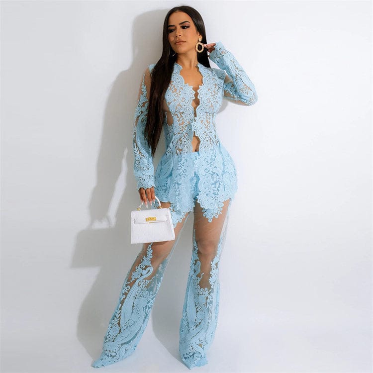 S / Blue Sexy Lace Women Two Pieces Set Fashion Aplique Mesh Long Sleeve Tops Party Nightclub Pants Suit