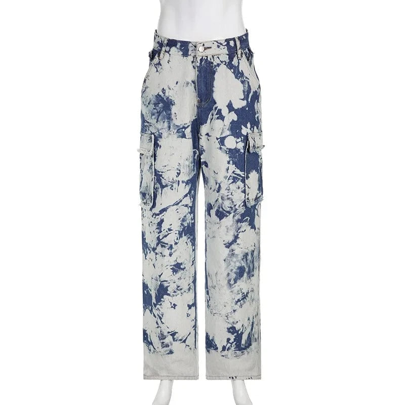 S / Blue Trendy Streetwear Ladies Casual Washed Denim Baggy Pocket Straight Cargo Pants Trousers Tie Dye Women's Jeans