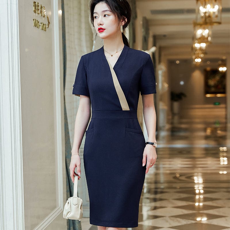 S / Blue Wholesale Elegant Women's Slim Office Work Dresses Breathable Fashion Soft Lady Business Short Sleeve Formal Party Dress