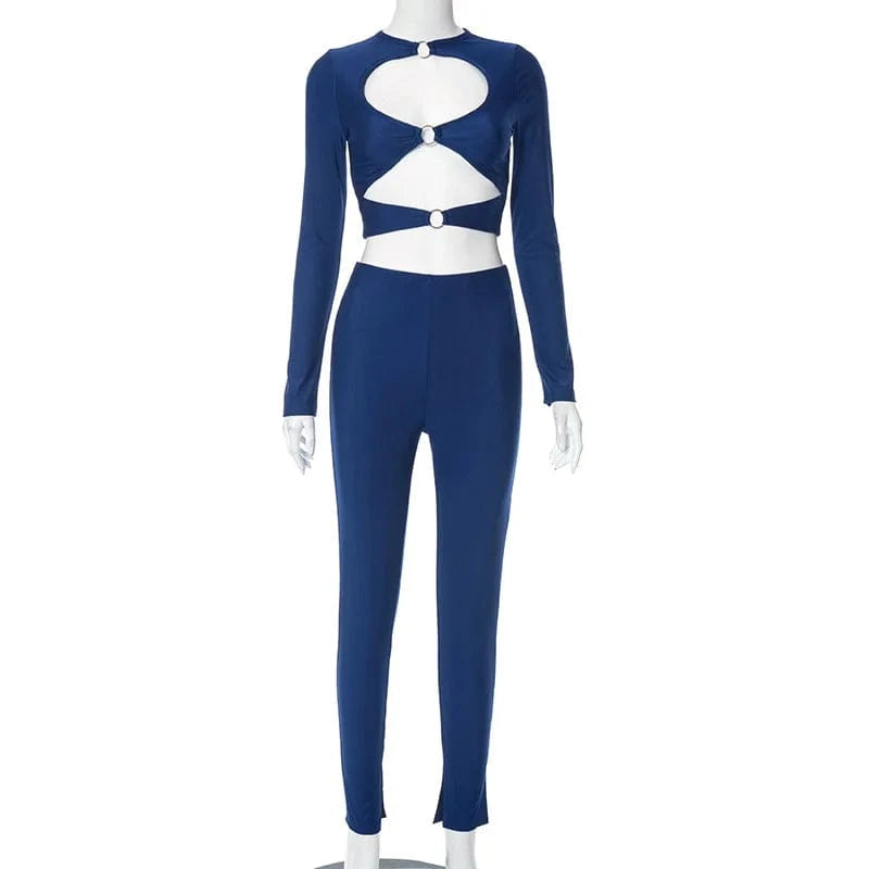 S / Blue Wholesale newest sexy club 2 pcs set womens clothing two piece long sleeve crop top and pant matching set