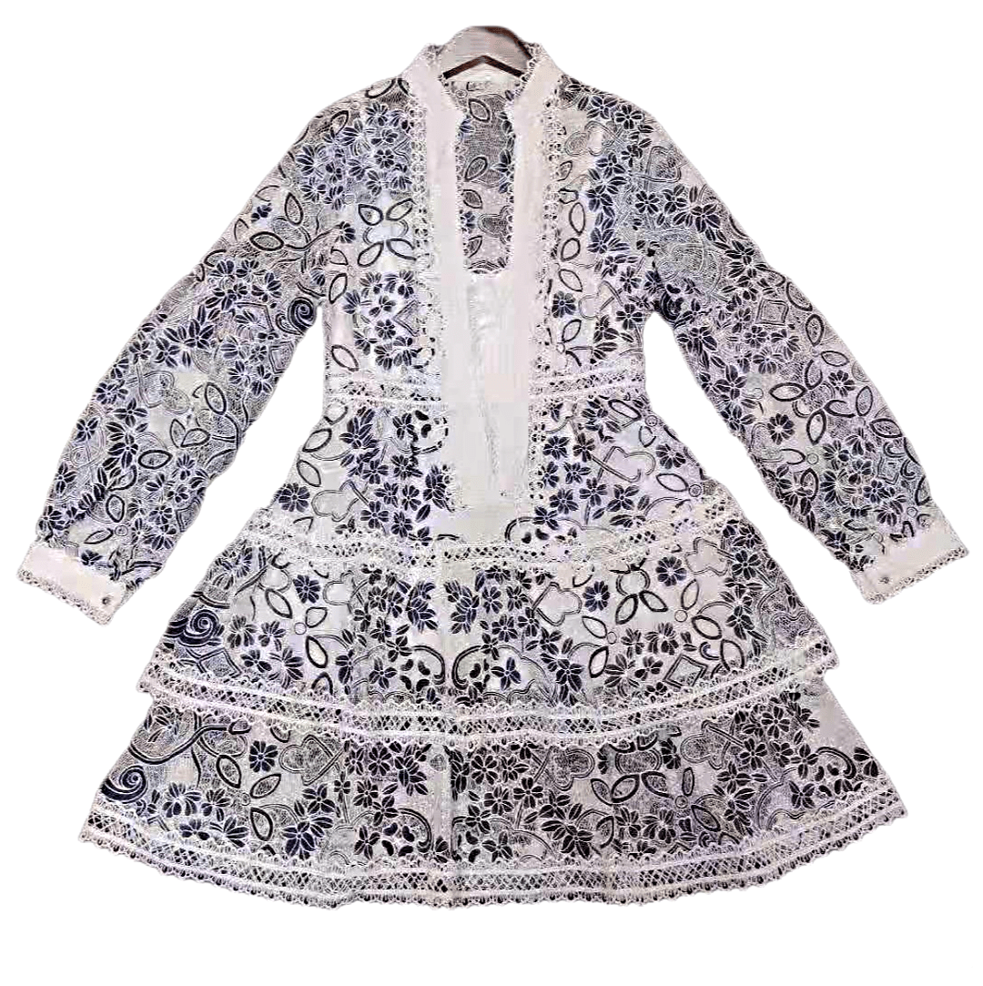 S / Blue Wom Clothes Habits Femmes Designer Clothes Famous Brands Women Stand Collar Long Sleeve Layered Lace Ladies Dress