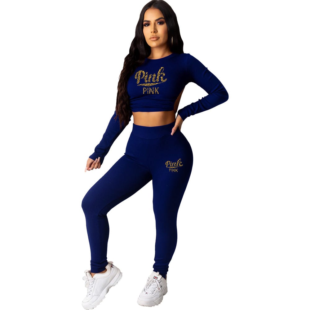 S / Blue Women Outfits Sexy Print Patchwork Backless O Neck Three Quarter Two Pieces Pant Set