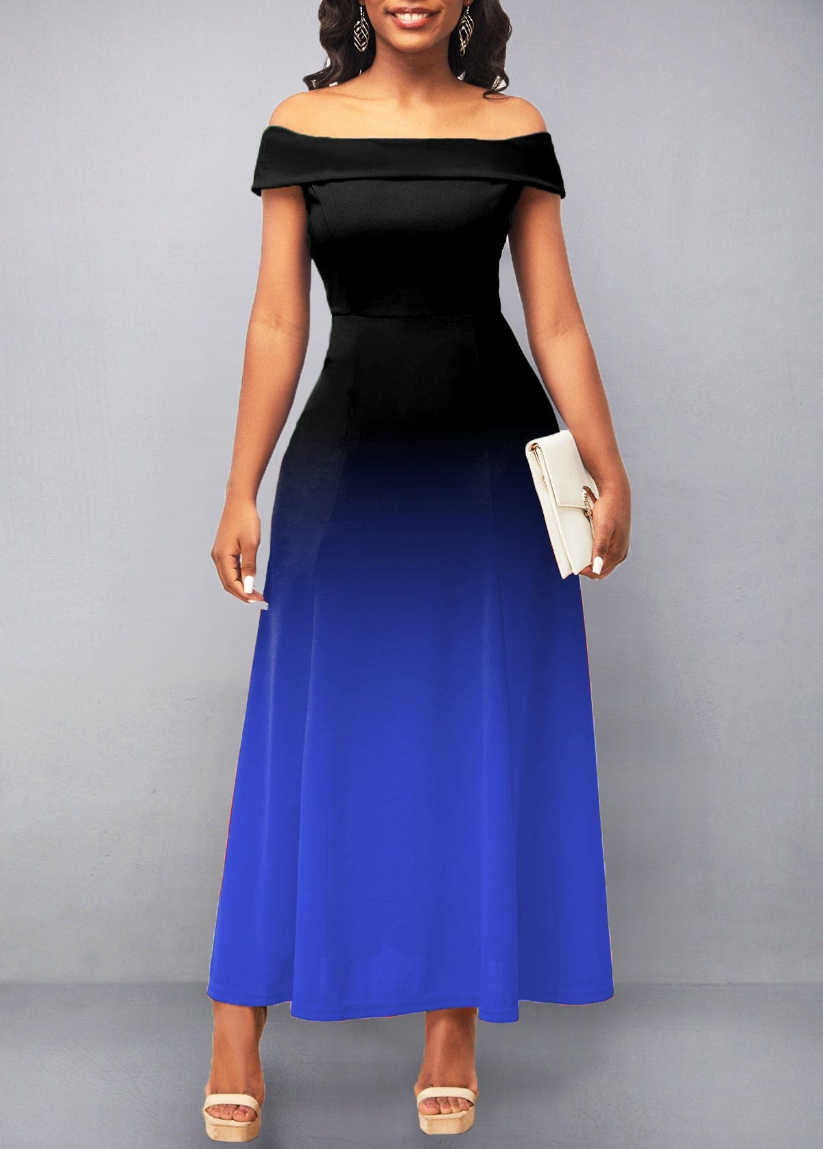 S / Blue Womens Dresses 2022 Summer Fashion Gradient Color Off Shoulder Tube Top Pleated Maxi Dresses