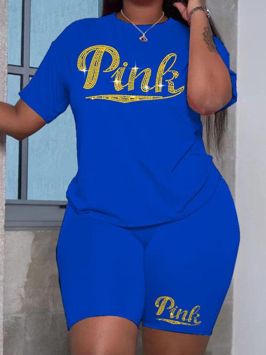 S / Blue Yellow Z106463 Summer women's Plus Size two piece Casual crystal decoration t-shirts shorts two piece set