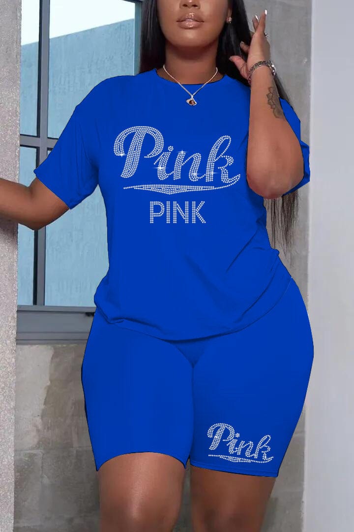 S / Blue Z106463 Summer women's Plus Size two piece Casual crystal decoration t-shirts shorts two piece set