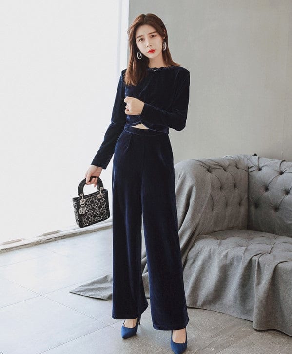 S / Blue ZYHT 2022 Autumn Elegant Vintage Co-ord Sets New Women's Velvet Casual Suit Two Piece Pants Set
