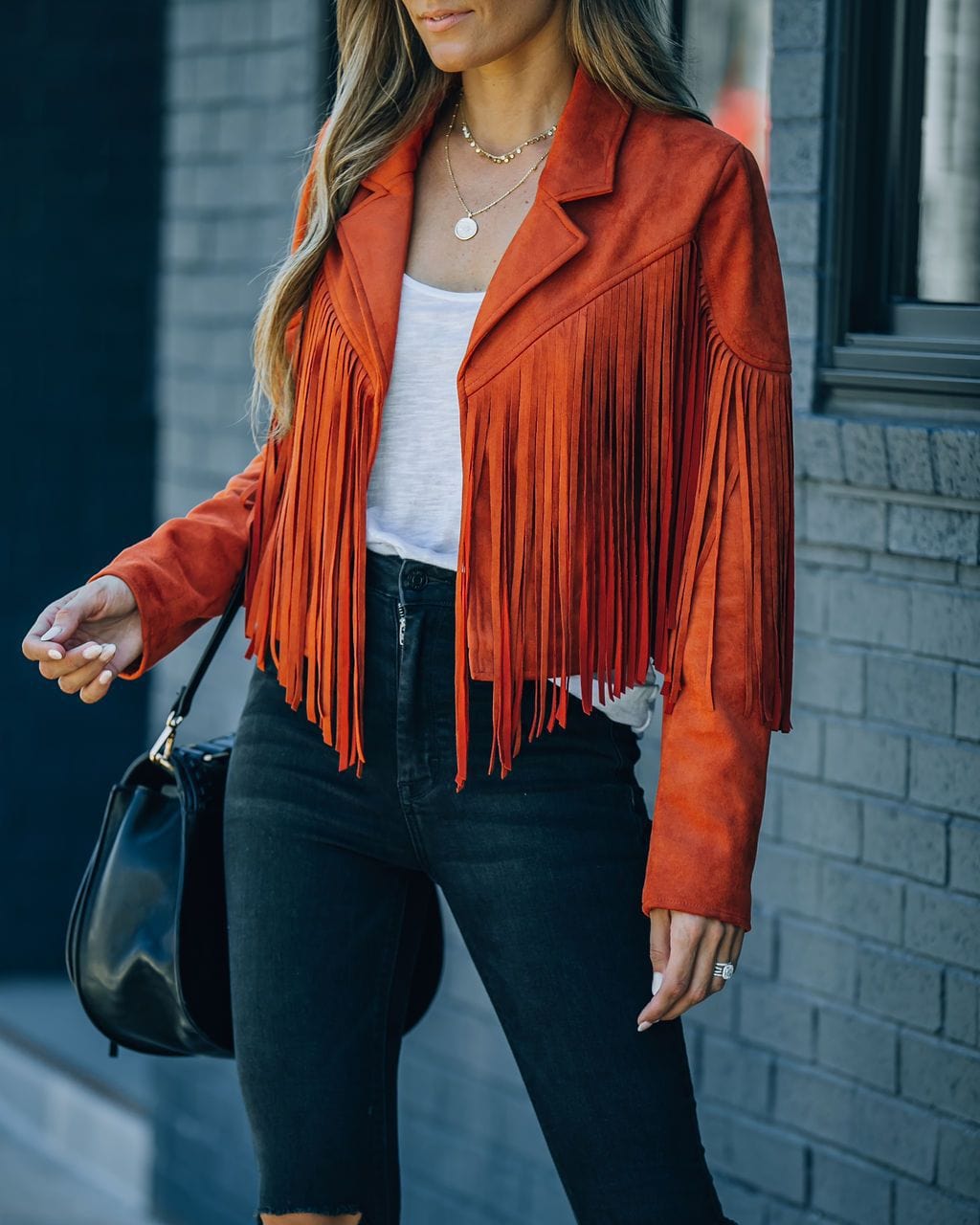 S / brick red Womens Vintage Lapel Long Sleeve Fringe Cropped Hippie Motor Biker Cardigan Outwears Faux Suede Tassel Jacket