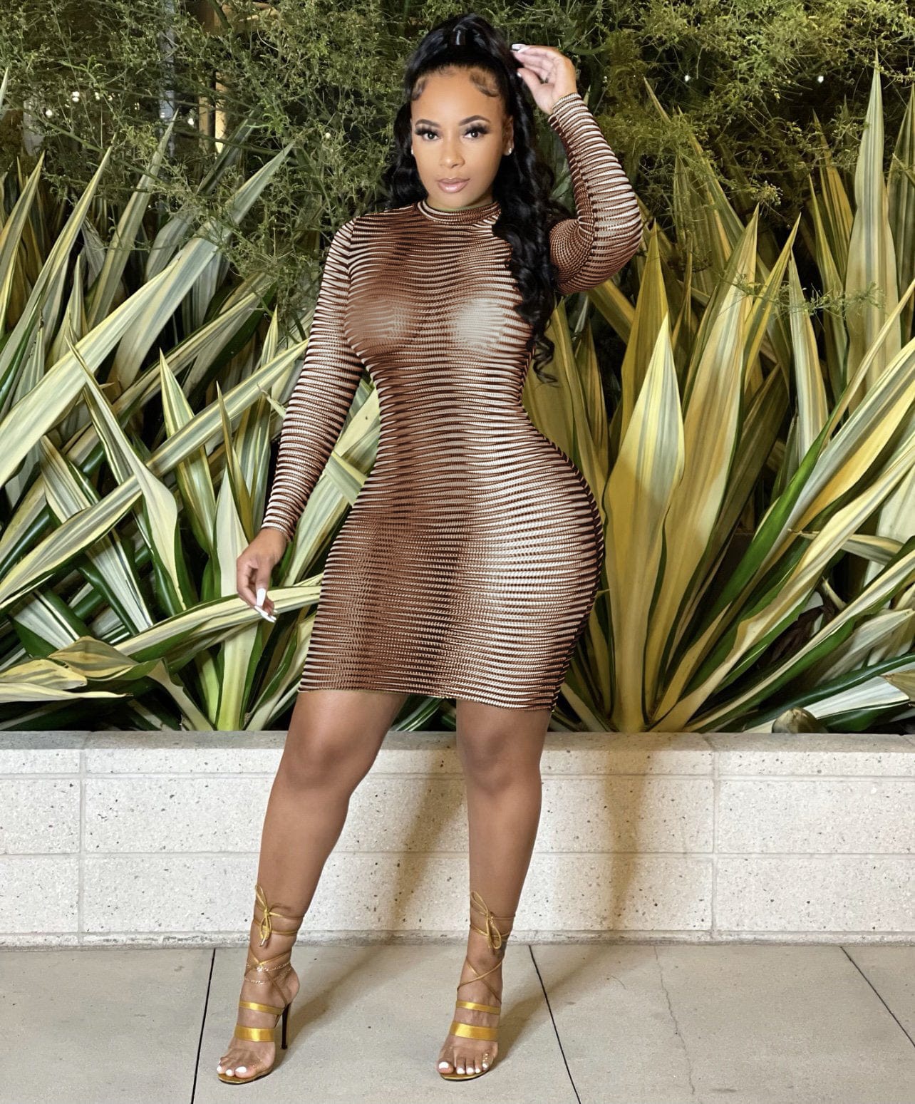 S / Brown 2022 Newest Hot Sale Club Dresses Ladies Sexy Striped Long Sleeve Party Mini Tight Mesh Dress