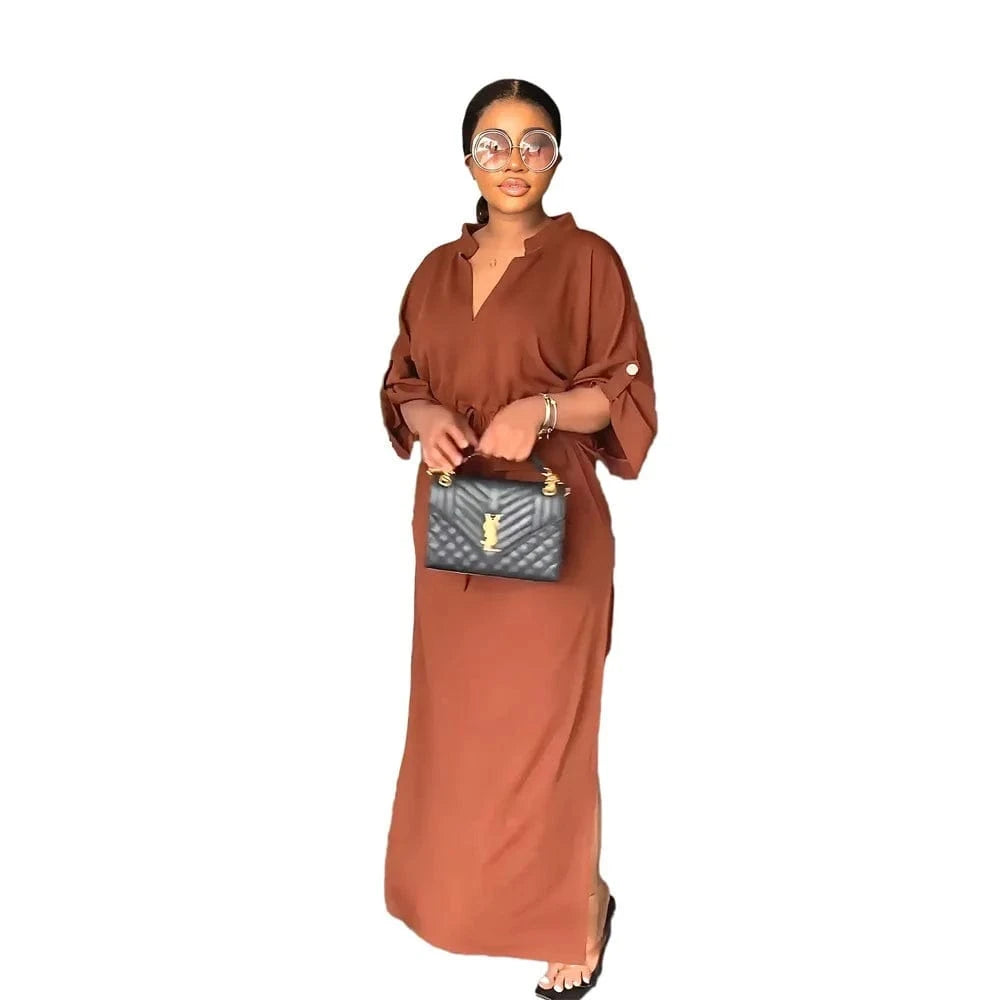 S / Brown 2023 Women Clothing Loose Waist Tucked Casual Tooling Skirt Side Slit Summer Short-sleeved V-neck Loose Women Dress