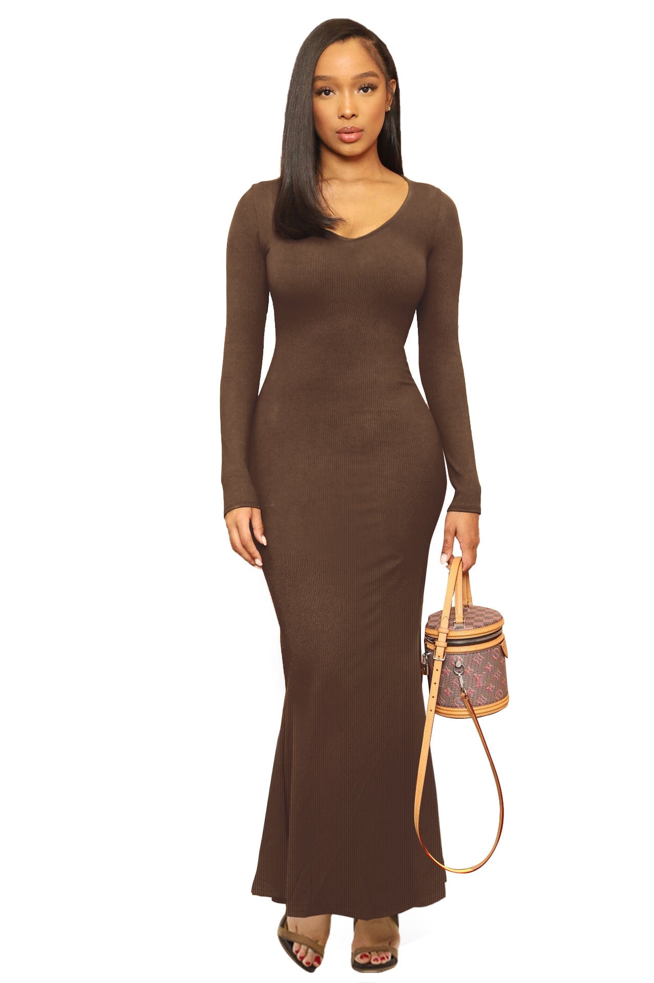 S / Brown C1003TA66 Wholesale Price Solid Color V- Neck Long Sleeve Casual Dress Women Sehe Fashion