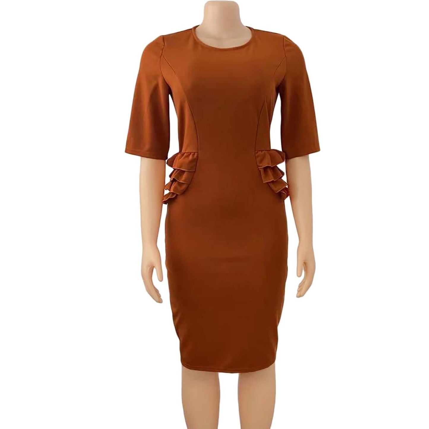 S / Brown Elegant O Neck Bodycon Half Sleeves Ruffles Casual Office Ladies Dress