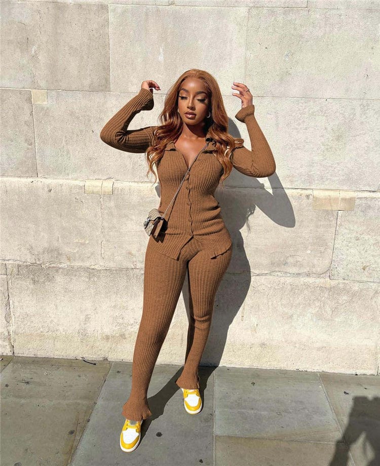 S / Brown Fashion New Solid Color Long Sleeve Rib Winter 2 Piece Sets For Women Two Piece Pants Set Women