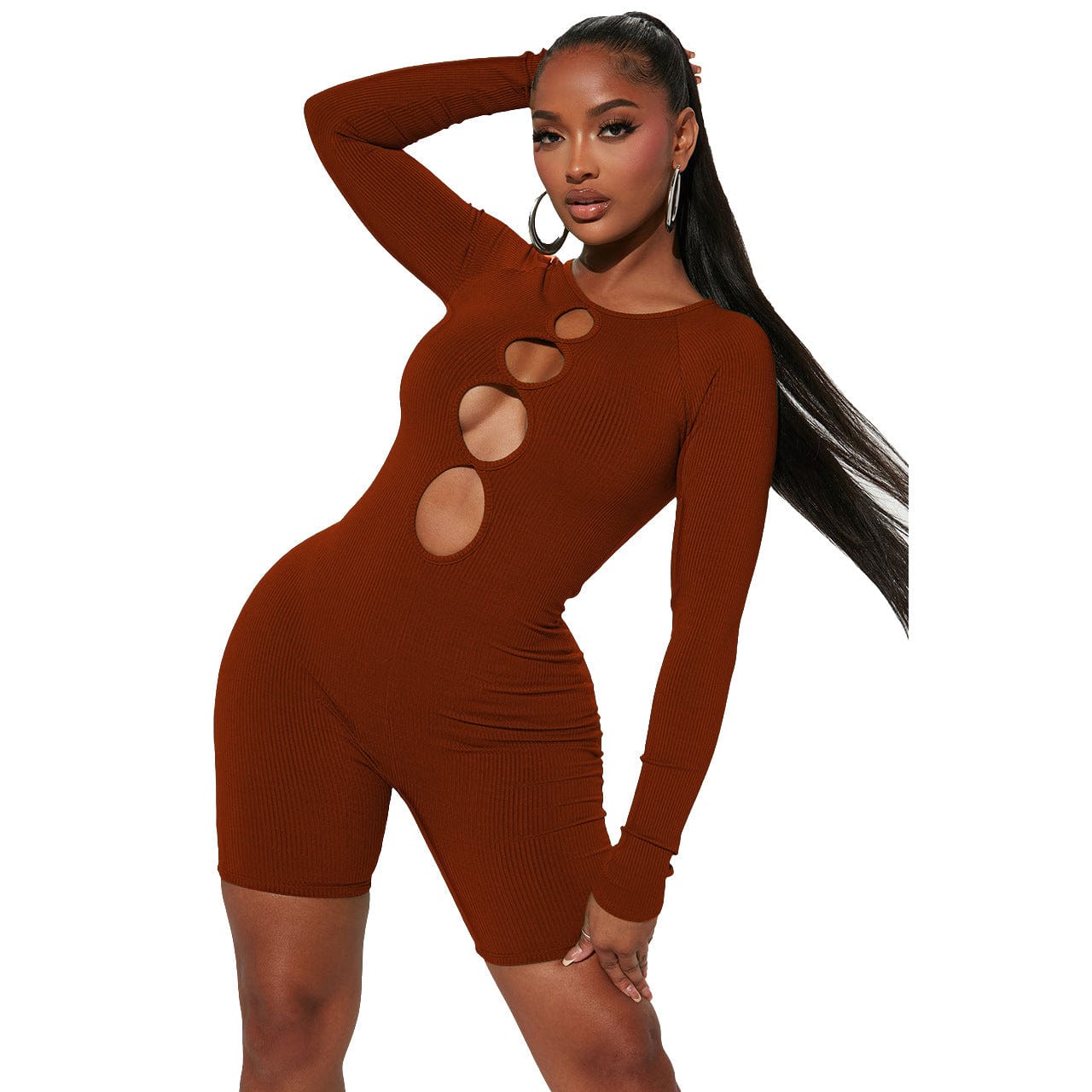 S / Brown Hollow out Short One Piece Jumpsuit Women Autumn Ribbed Bodysuit Rompers for Sexy Ladies Womens Playsuit &Jumpsuit
