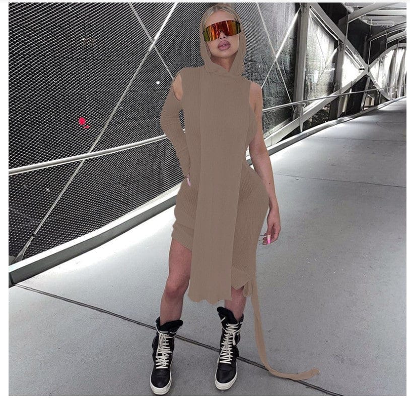 S / Brown Kliou M21D07233 Autumn Fashion Irregular One Shoulder Long Sleeves Solid Color Slim Dress See Through Hooded Maxi Dress Ladies
