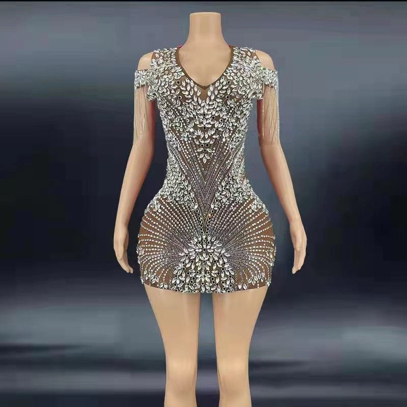 S / Brown NOVANCE Y2150-C Plus Size Wholesale Boutique Clothing Blingbling Crystal V Neck Fringe Performance Wear Birthday Dresses Women