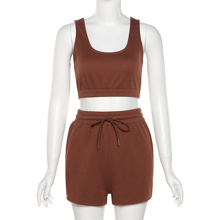S / Brown OSINA Lowest Price Solid Color Custom Logo Crop Top Two Piece Set Women Clothing Shorts Womens Sweat Absorbing Sports Suit