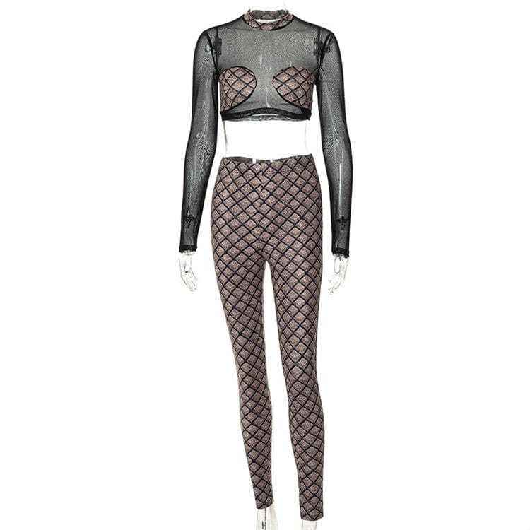 S / Brown Women Long Sleeve Crop Tops Long Pants Two Piece Sets Mesh Patchwork Fall Outfits 2023 Spring Clothes