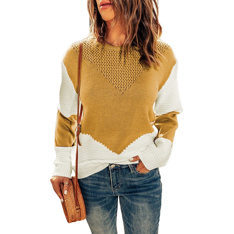 S / Brown Women's Clothing Cross-Border Contrast Color Pullover Autumn Winter New Loose Round Neck Long Sleeve Top For Women