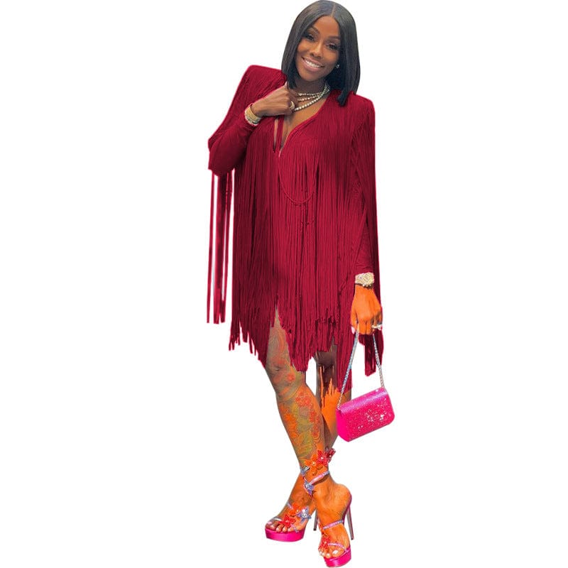 S / Burgundy B691 women fashion V-neck long sleeve party dress Fringe skirt