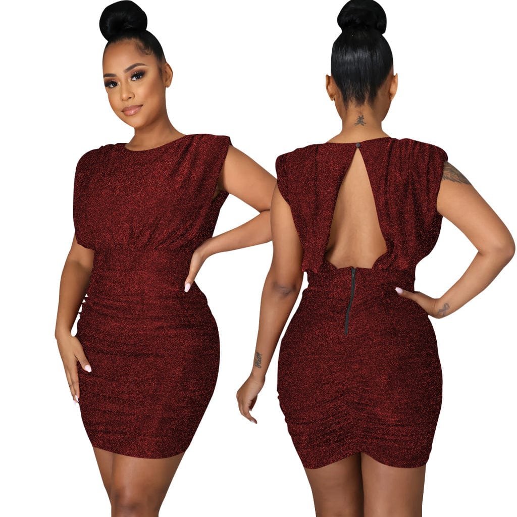 S / Burgundy C1103TA55 New Design Casual Solid Color Hollow Out Sequin Bodycon Club Dress Women Sehe Fashion