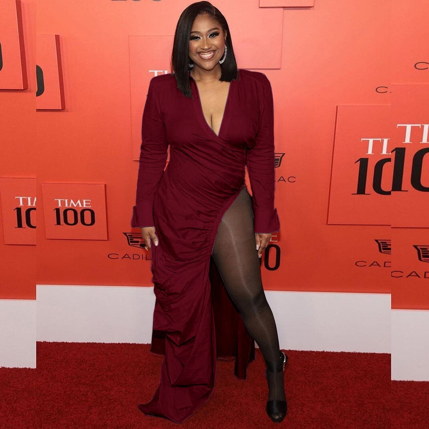 S / Burgundy Fall 2022 Women Clothes Best-Dressed Stars Solid Color Sexy Deep V Side Split Party Dresses