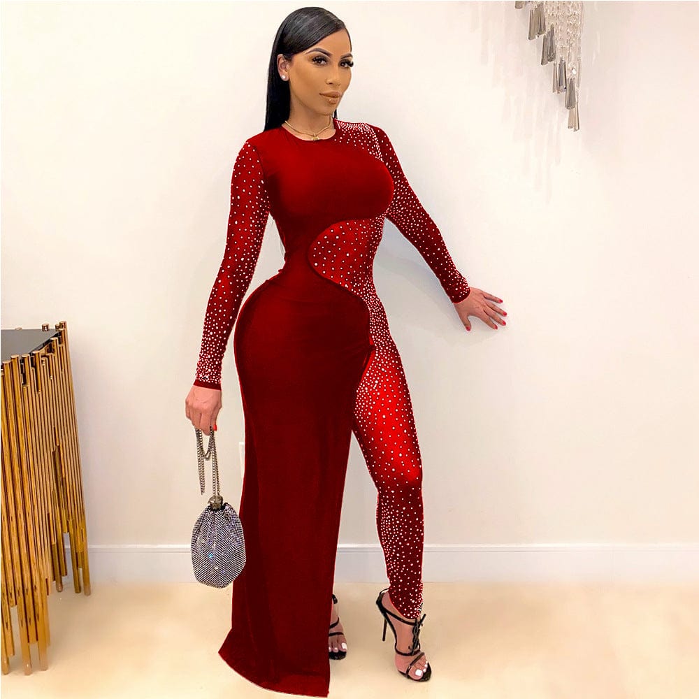 S / Burgundy RX-CY8832 Best selling spring solid long sleeve diamond dress pants one piece women long dress