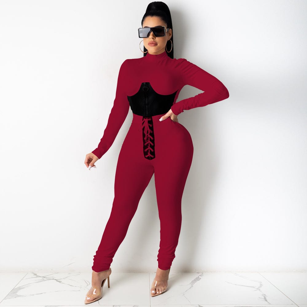S / Burgundy Trendy Women Clothes Autumn Fashion Women Solid Round Neck Long Sleeve Zipper Top Belted Pants 2 Pcs