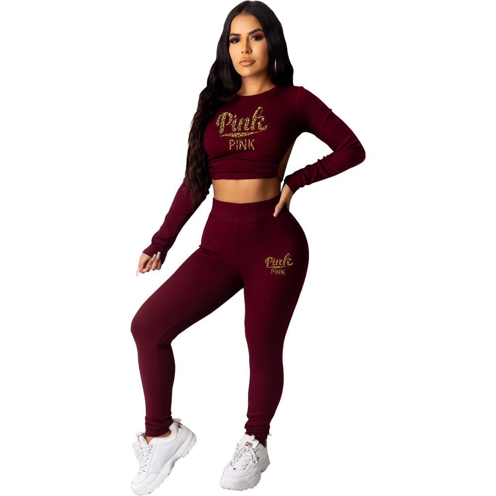 S / Burgundy Women Outfits Sexy Print Patchwork Backless O Neck Three Quarter Two Pieces Pant Set