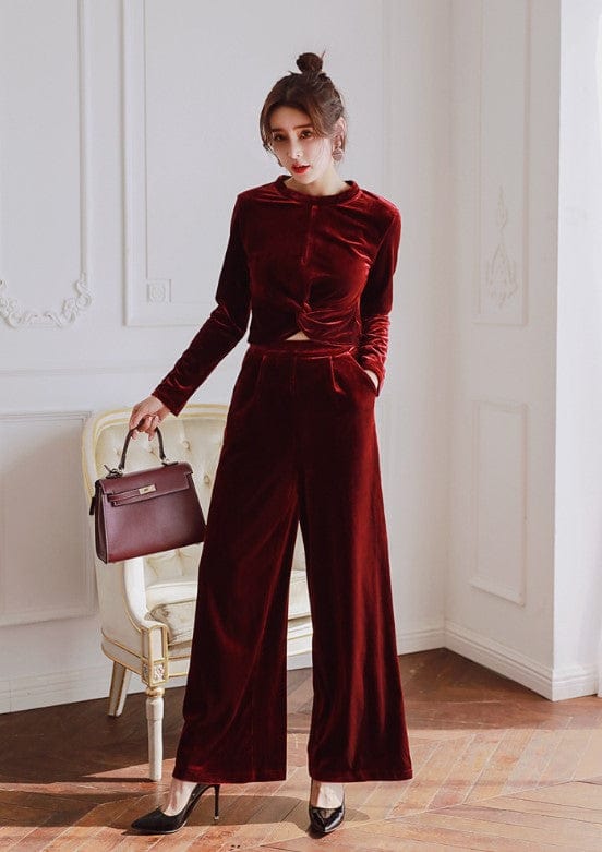 S / Burgundy ZYHT 2022 Autumn Elegant Vintage Co-ord Sets New Women's Velvet Casual Suit Two Piece Pants Set