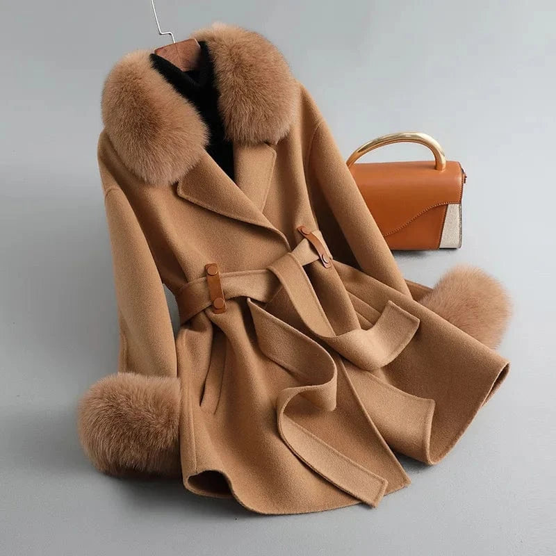 S / Camel Belted Double Sided Wool Coat Ladies Cashmere Wool Coat With Detachable Fox Fur Collar
