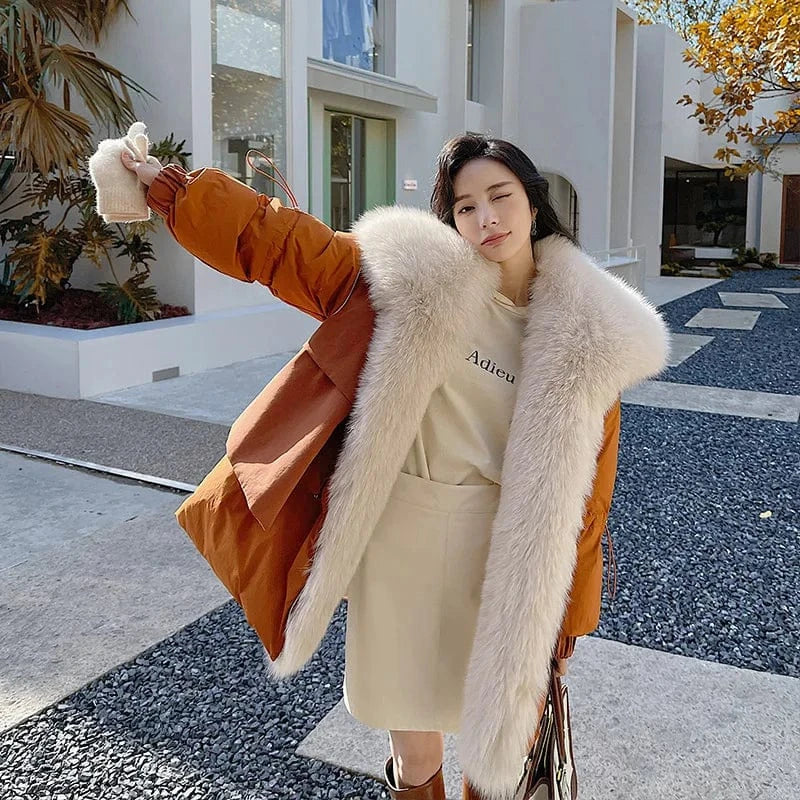 S / caramel 2022 Fashion Real Fur Parka Coat High Quality Real Fox Large Fur Parka Jacket Women