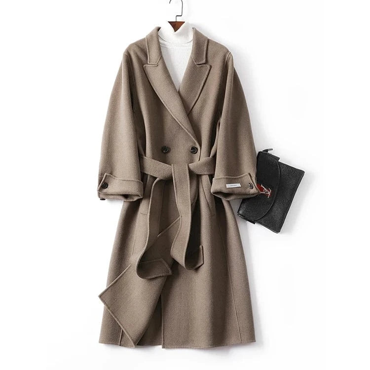 S / Coffee High Quality Turn Down Collar Outwear Women Long Cashmere Wool Coat with Belt