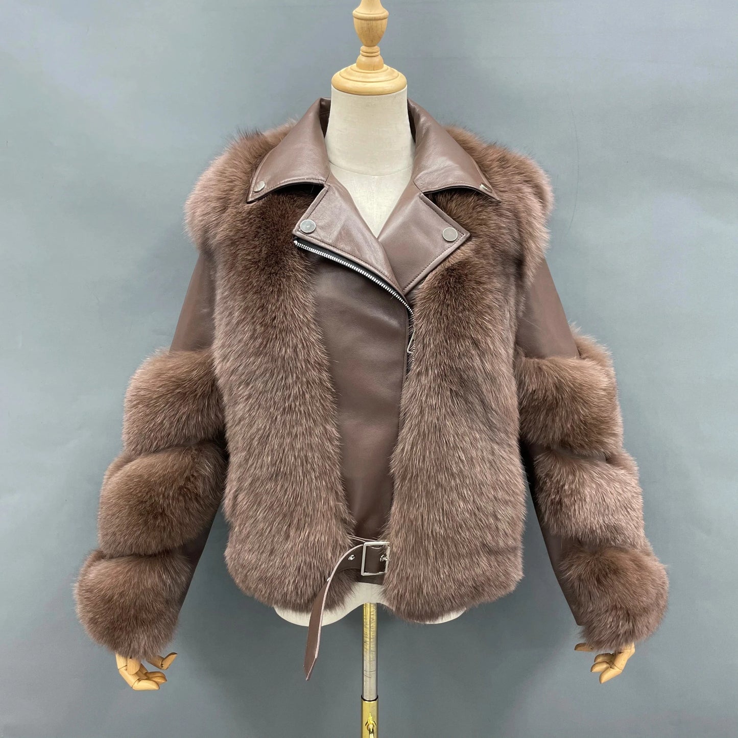 S / Coffee Hot Sell Warm Winter Genuine Leather Fluffy Real Fox Fur Jacket