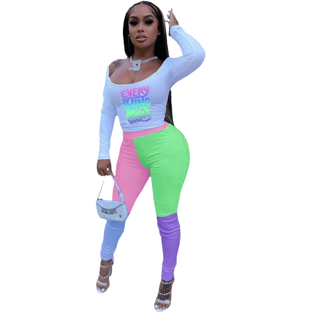 S / Color4 Fashion Blouse And Tight Pants, Two-piece Dress Set Of Positioning Printing Letters And Contrast Color two piece pants set for