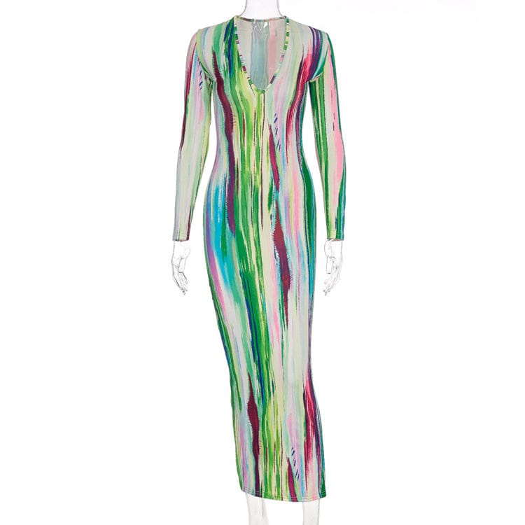 S / colorful Dresses Popular High Quality Spring Autumn Colorful Printed Ladies Party Dresses Long Sleeve Bodycon Casual Maxi Dress for Women