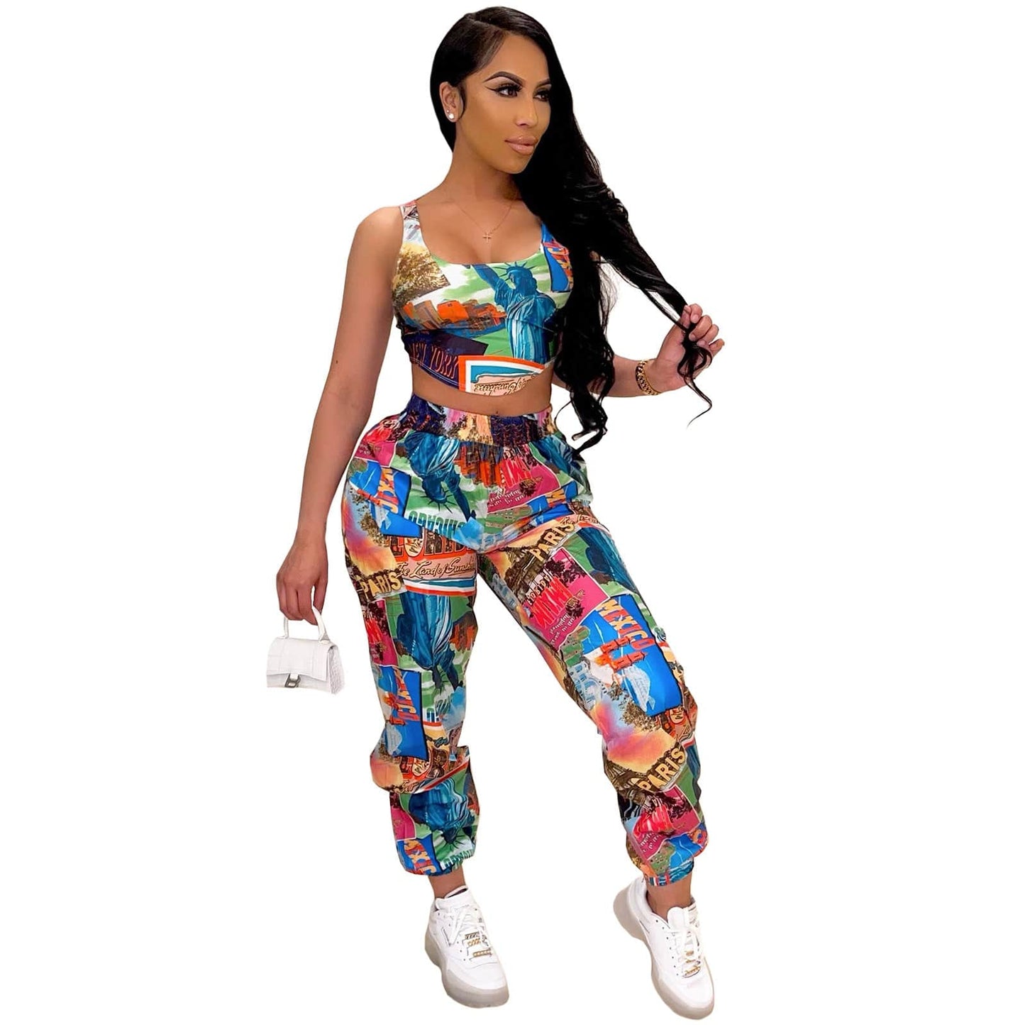 S / Colorful QM4284 new arrivals liberty print camisole short top trousers suit two piece set women