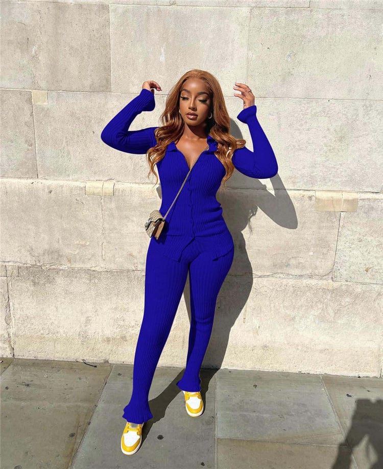 S / Dark blue Fashion New Solid Color Long Sleeve Rib Winter 2 Piece Sets For Women Two Piece Pants Set Women