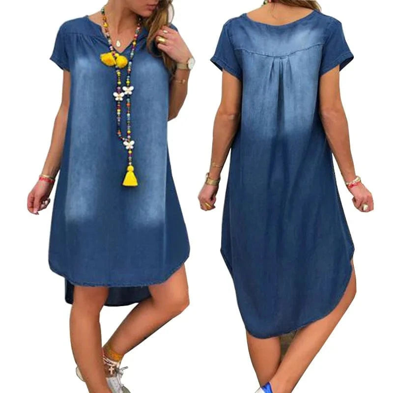 S / Dark blue Wholesale Simple Ladies Summer New Casual Plus Solid Color V-Neck Short Sleeve Denim Women's Dress