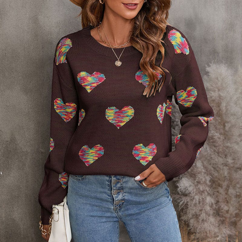 S / Dark coffee 2022 New Cross-Border Loose Pullover Sweater Full Color Jacquard Love For Women