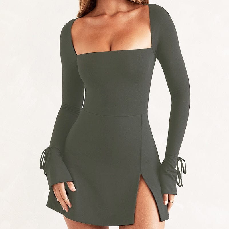 S / Dark Gray Bomblook Q22DS564 Autumn 2022 Women Fashion Square Neck Casual Evening Dresses Mini Long sleeved Bodycon Ladies Dress
